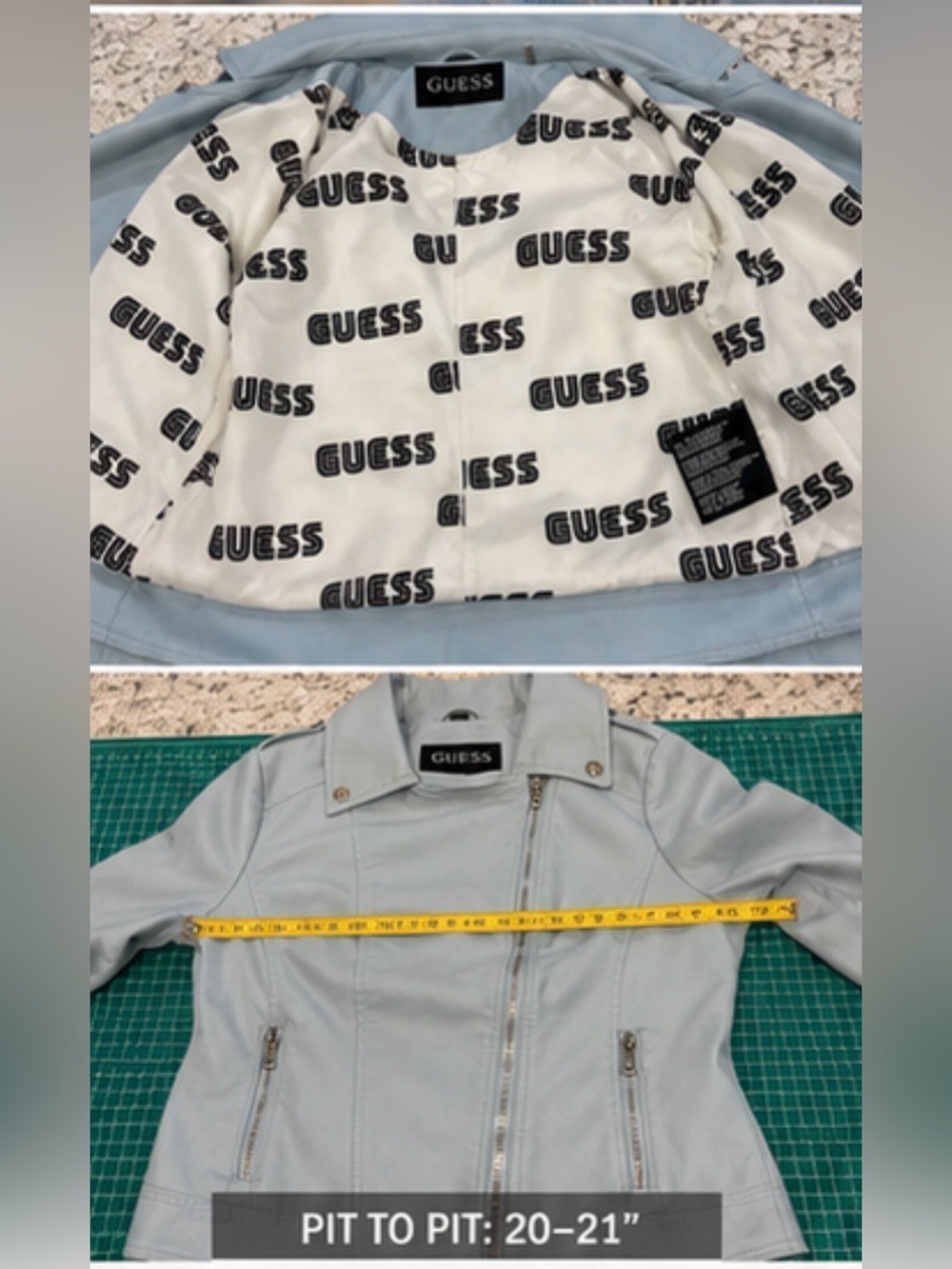 GUESS Light Blue Moto Jacket Faux Leather Biker Zip Large - Picture 5 of 8